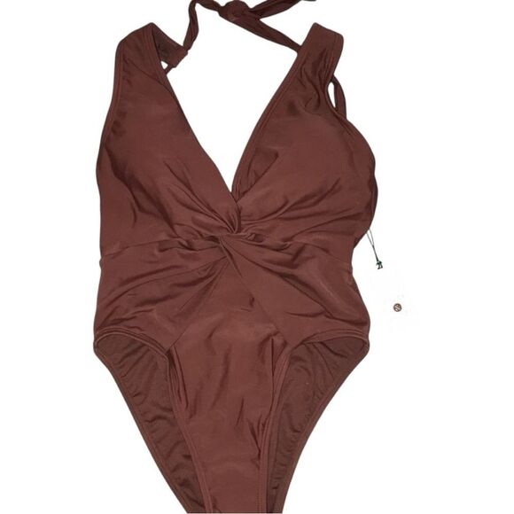 Shade & Shore ~ NEW Cocoa Brown One-Piece Twist Front Plunge Women’s Swimsuit - Picture 6 of 11